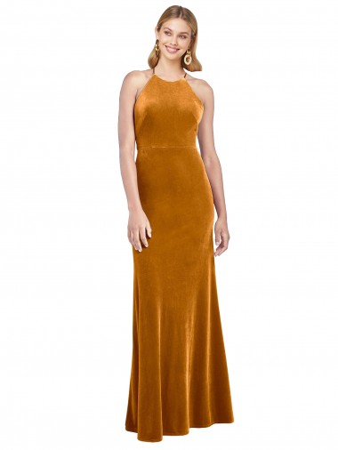 Halter Neckline Long Full Length Velvet Prom Dress with Strappy Back Australia