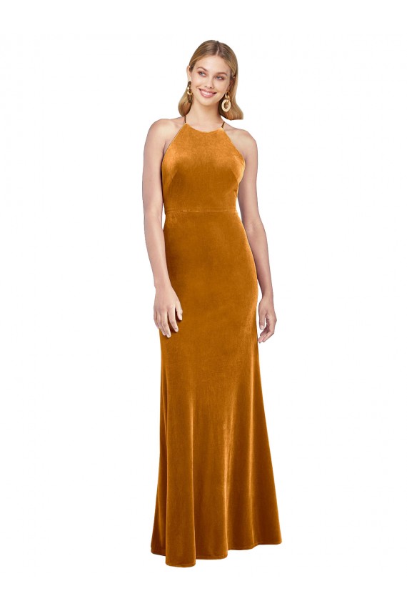 Halter Neckline Long Full Length Velvet Prom Dress with Strappy Back Australia
