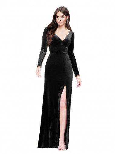 Long Sleeves Velvet Prom Dress with V-Neckline and Thigh Slit Australia