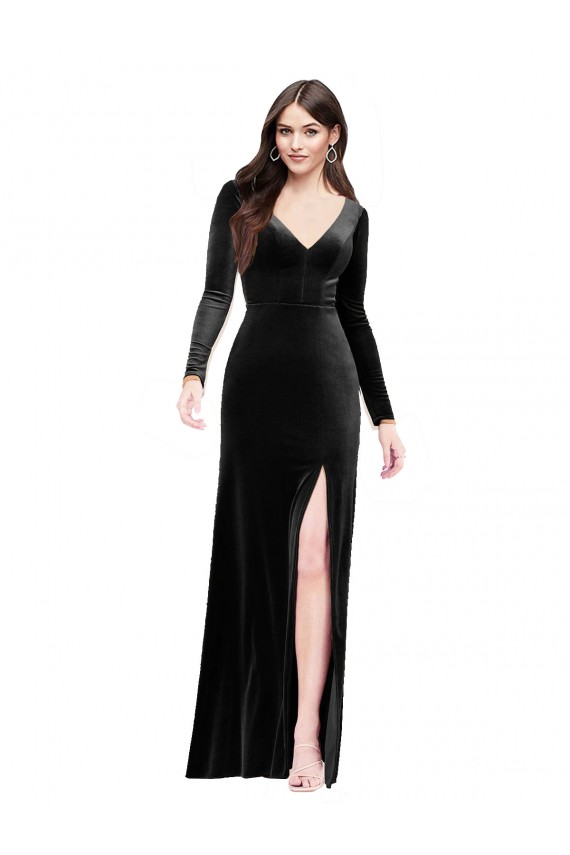 Long Sleeves Velvet Prom Dress with V-Neckline and Thigh Slit Australia