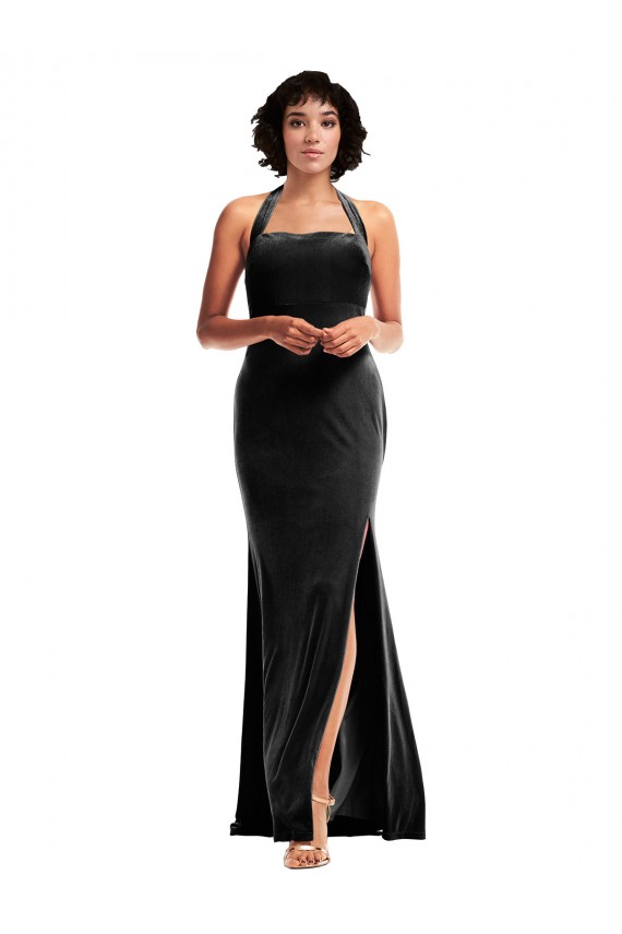 Empire Waist Stretch Velvet Prom Dress with Halter Strap Australia