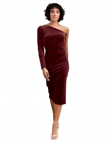 One Shoulder Fitted Short Midi Length Velvet Prom Dress Australia