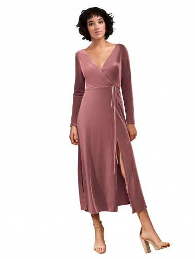 Long Sleeve Velvet Faux Wrap Midi Length Prom Dress Australia