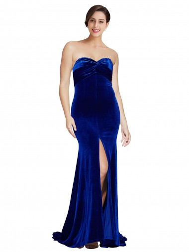 Strapless Ruched Velvet Prom Dress with Sweep Train and Front Slit Australia
