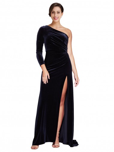 One Sleeve Long Velvet Prom Dress with Thigh High Split Australia