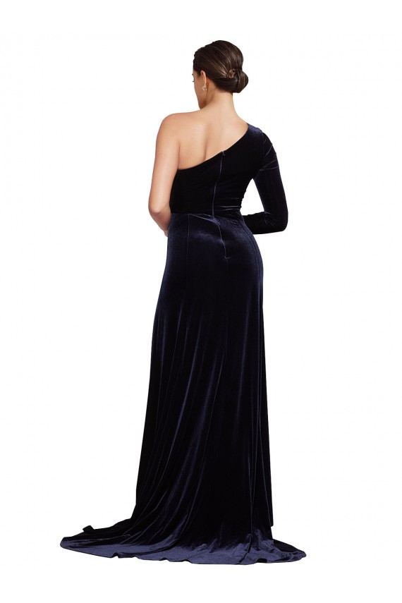 One Sleeve Long Velvet Prom Dress with Thigh High Split Australia