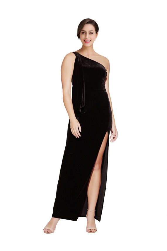 One Shoulder Long Velvet Prom Dress with Side Split and Shoulder Tie Australia